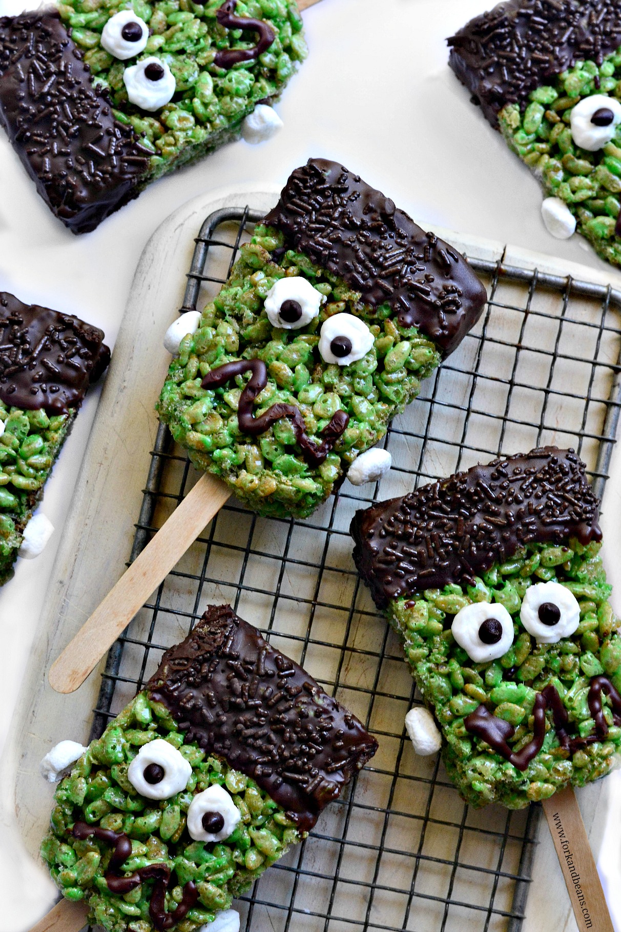 Frankenstein Brown Rice Krispie Treats Fork and Beans