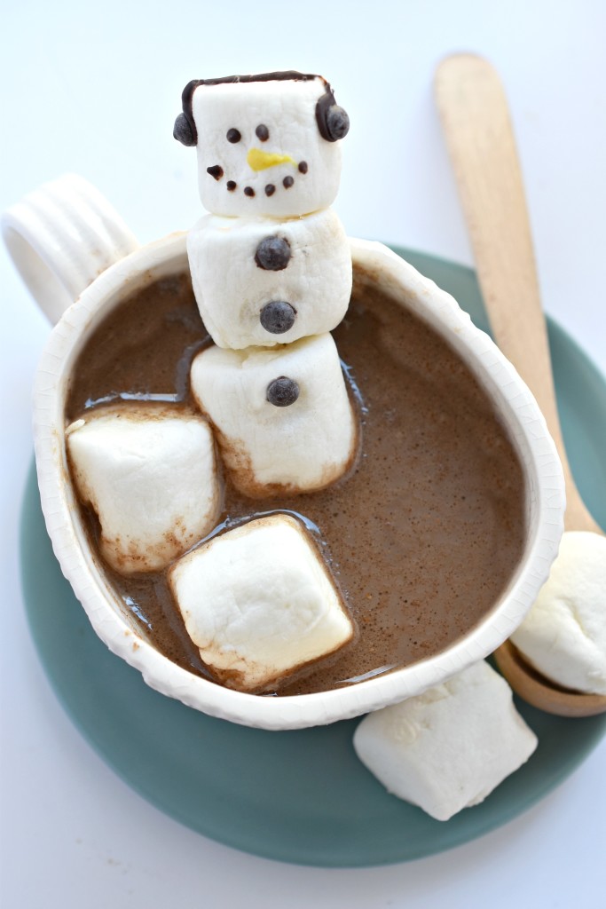 Eggnog Mexican Hot Chocolate with the cutest vegan marshmallow snowmen!