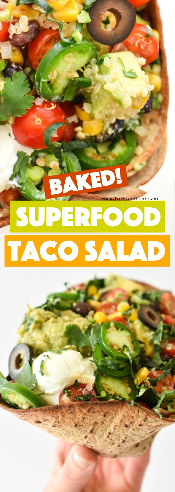 Superfood Baked Taco Salads with tons of good-for-you ingredients surrounded by a baked FlatOut wraps