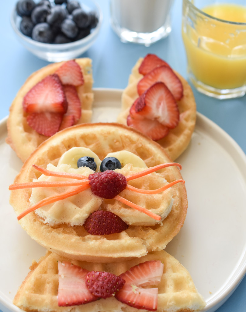 Make Easter Bunnies out of frozen waffles for an easy, healthy, and fun springtime treat!