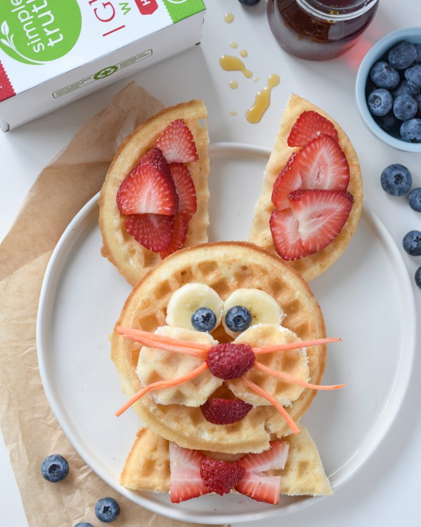 Make Easter Bunnies out of frozen waffles for an easy, healthy, and fun springtime treat!