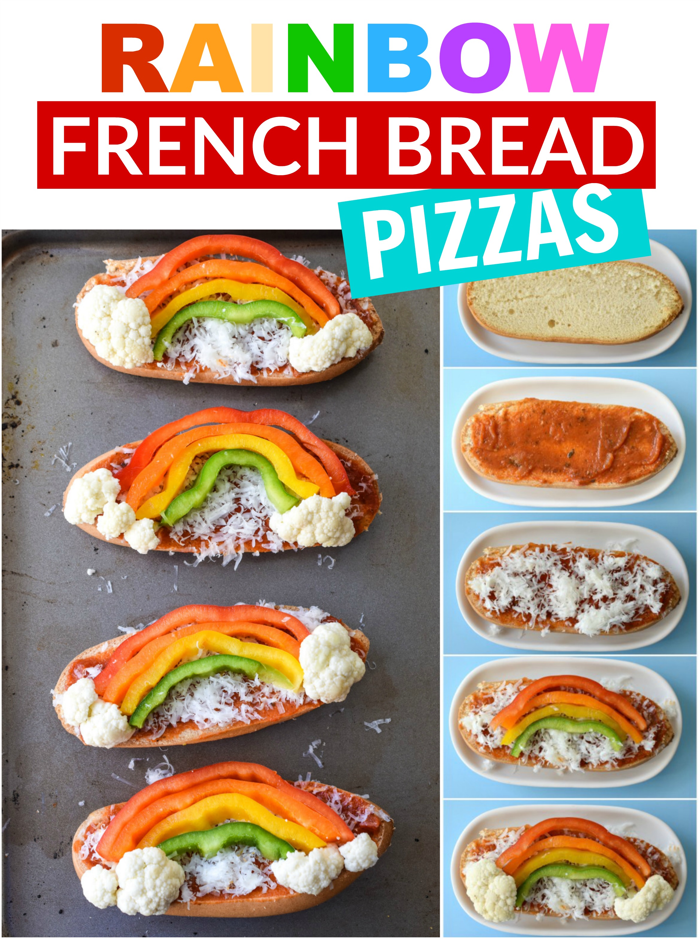 Celebrate the rainbow with these veggie-inspired gluten free St. Patrick's Day French Bread Pizzas. 