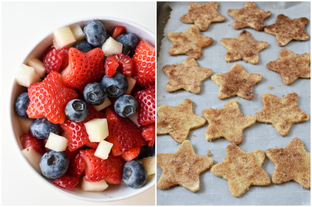 Put a healthier spin on your kids' dessert options this summer with these 4th of July-themed Red White and Blue Dessert Nachos. Freshly baked Flatout wrap cinnamon sugar chips topped with fresh fruit and several dollops of your favorite dairy free yogurt of choice.