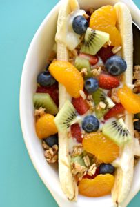 Give breakfast a new spin with tons of nutrition and fruit with these dairy free breakfast banana splits.