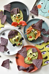 Just scoop out the flesh of the avocado, turn into guacamole, place back into the avocado shell, and make one (or all) of your favorite Halloween GuacaMonsters.