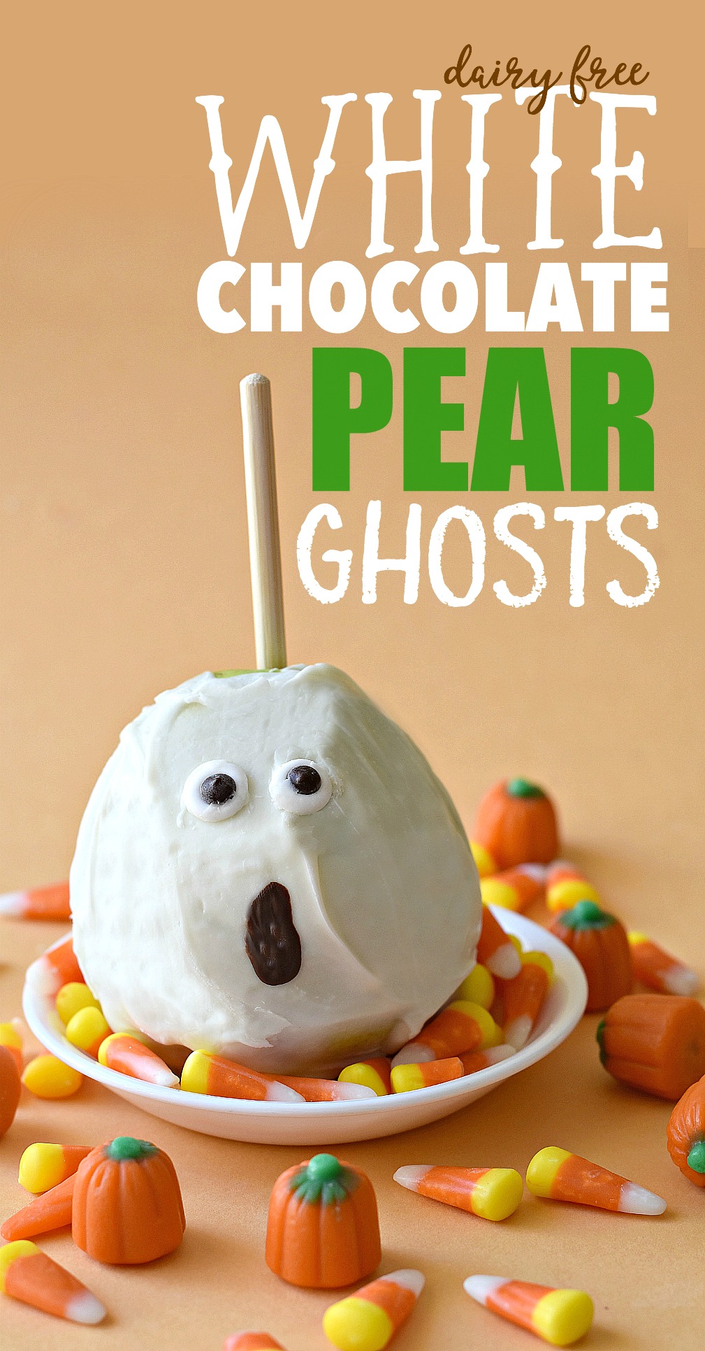 Put a new twist on the old classic caramel apple by turning apples into pears with these frightfully delicious Dairy Free White Chocolate Pear Ghosts.