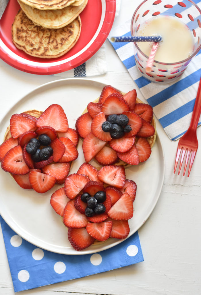 Add sliced strawberries to your favorite breakfast meal to create these patriotic Pancake Fireworks!