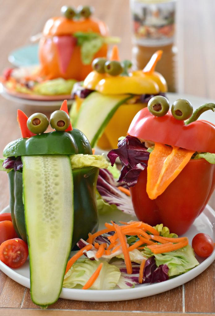 Stuff lettuce into these Monster Bell Pepper Salad Cups for a fun and edible way to serve up veggies for dinner #kidfood #foodforkids