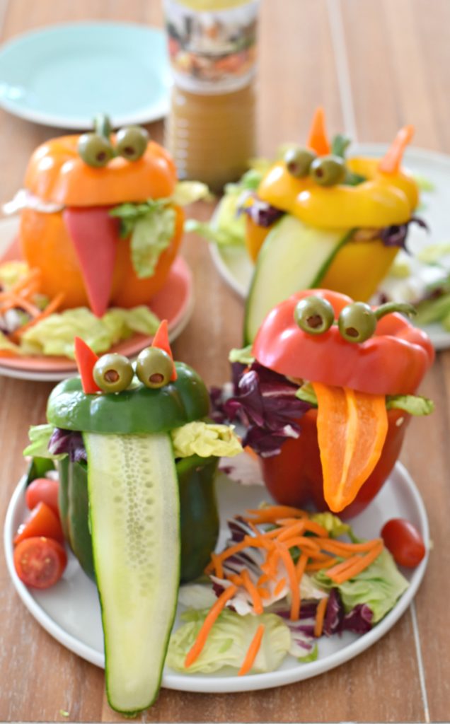 Stuff lettuce into these Monster Bell Pepper Salad Cups for a fun and edible way to serve up veggies for dinner #kidfood #foodforkids