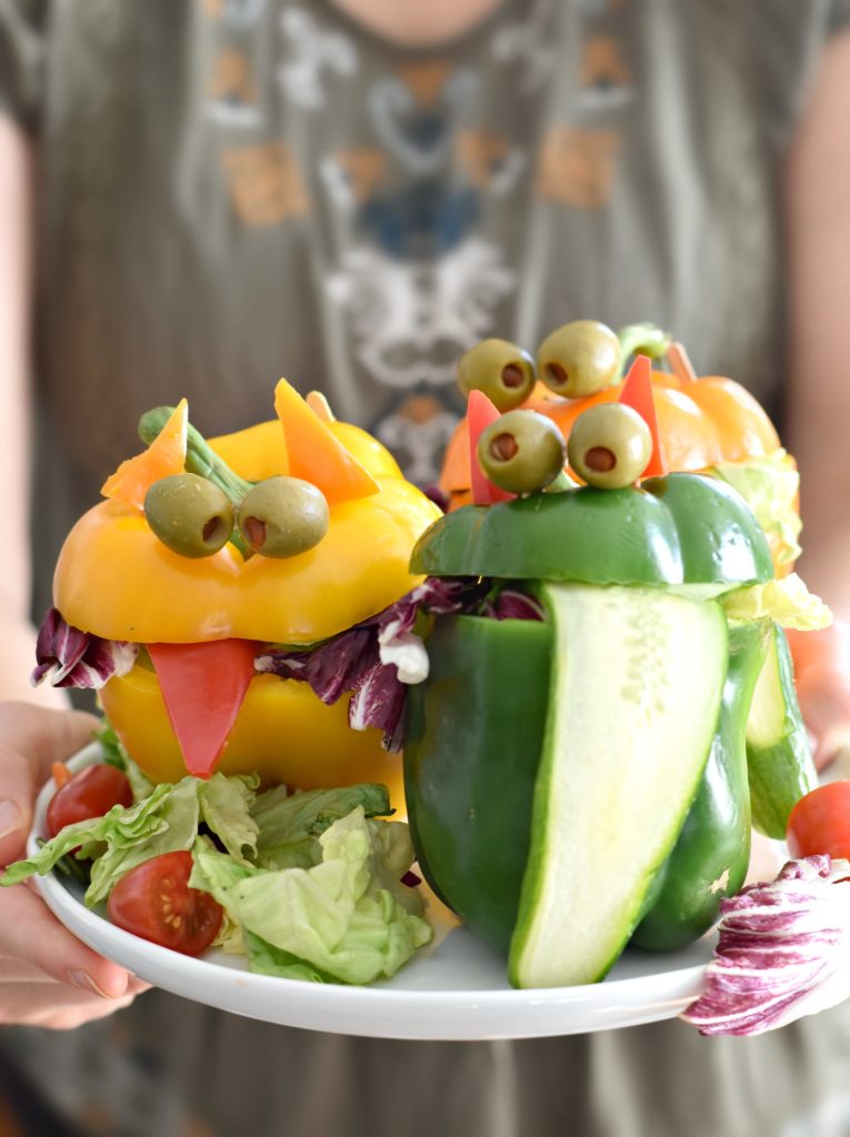 Stuff lettuce into these Monster Bell Pepper Salad Cups for a fun and edible way to serve up veggies for dinner #kidfood #foodforkids