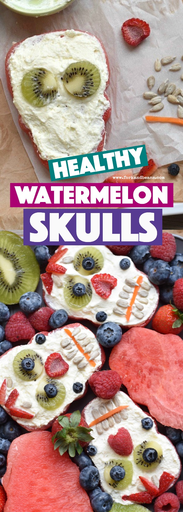 Giving your kids nutritious snack over the holiday can be possible (and still fun!) with these Refined Sugar Free Watermelon Skulls! #kidfood #kidshalloween