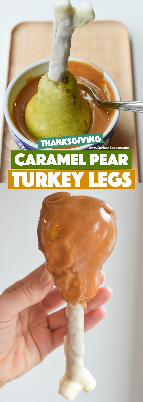 Put a new twist on an old classic this Thanksgiving by turning fresh fruit and pretzel rods into Caramel Pear Turkey Legs.