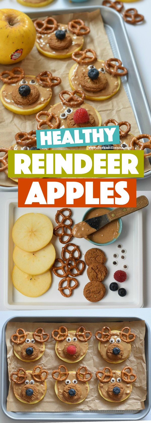 Sliced Opal apples covered with peanut butter and pretzel antlers, these Reindeer Apple Slices are a snack that every kid will love this Christmas #christmasfunfood #funkidfood