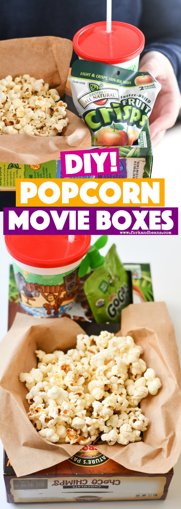 A cereal box turned into a popcorn container with a cup and snack holder