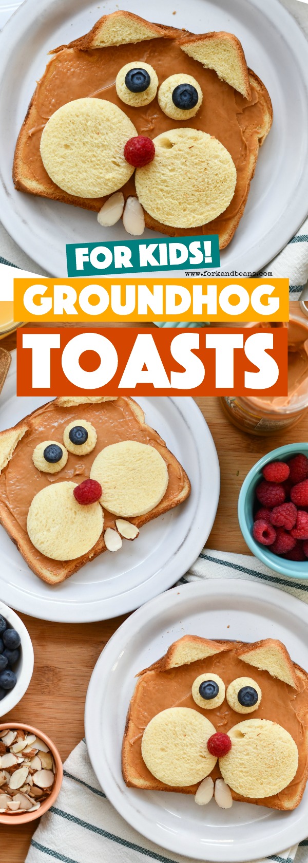 Two plates with toast made to look like groundhogs on a table with fruit in a bowl.