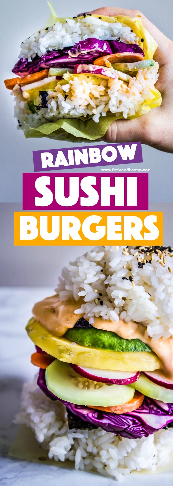 Get your kids involved with piling on the veggies on these Rainbow Sushi Burgers for a perfect meatless meal that all can participate in making & will love! #veganrecipes #kidfood #sushi #dinner