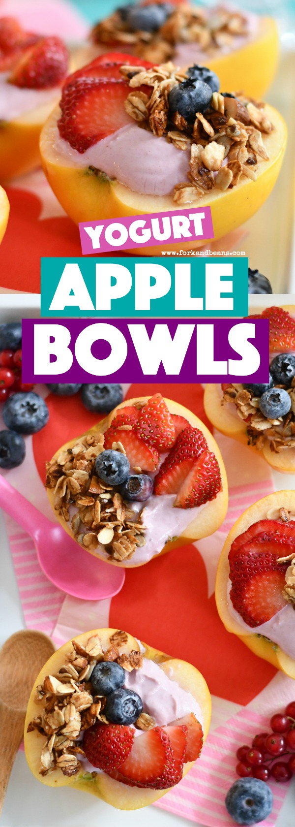 A white background with yogurt apple bowls topped with fresh fruit and granola