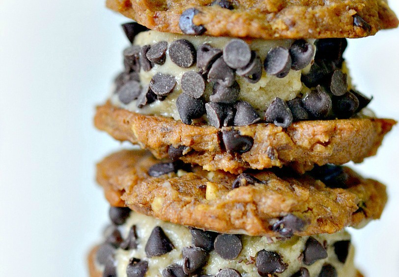 A pile of healthier ice cream sandwiches covered in mini chocolate chips