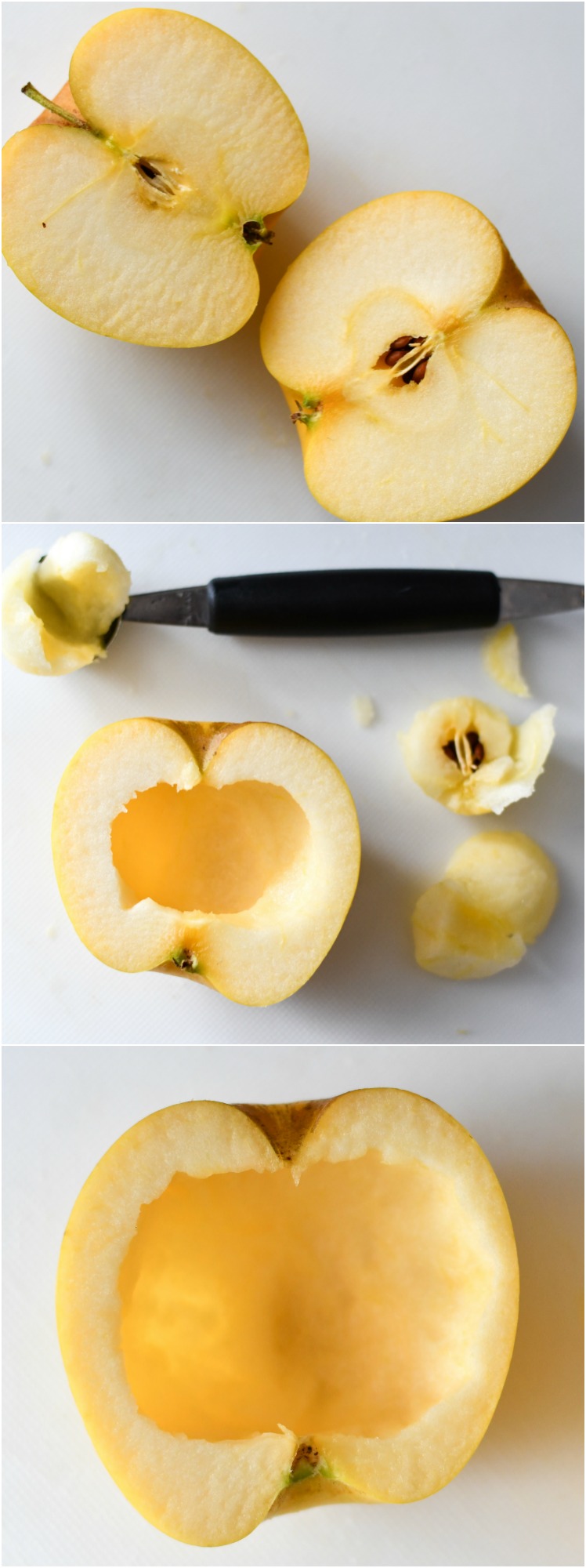A photo tutorial of carving out apple flesh with a melon baller for an edible bowl.