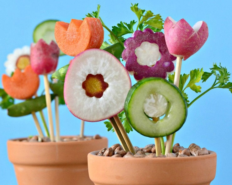Terra cotta pots stuffed with veggies to look like flowers