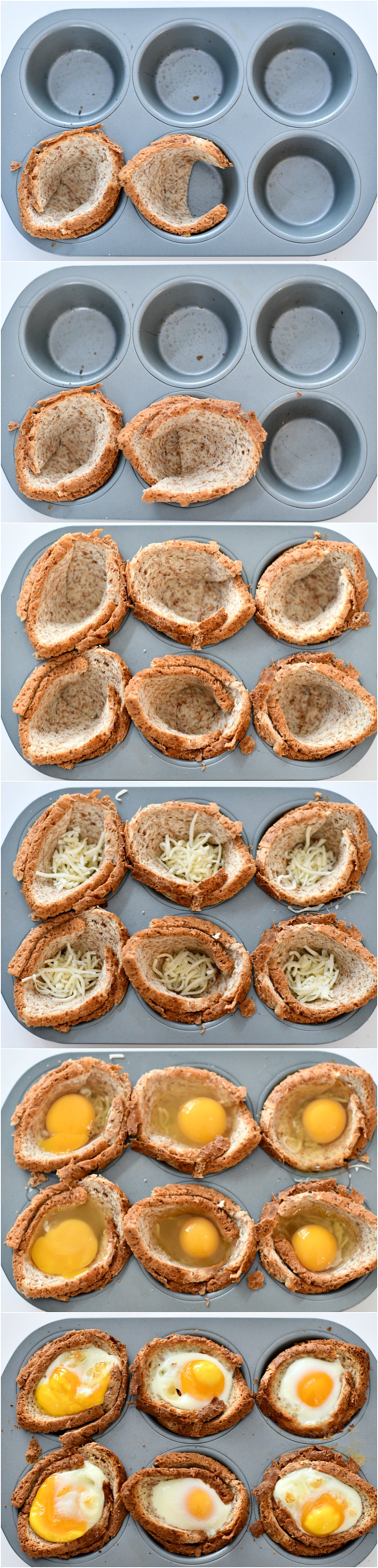 A photo tutorial of how to make Egg and Toast Cups by filling bread into a muffin tin, filling with eggs, and baking.