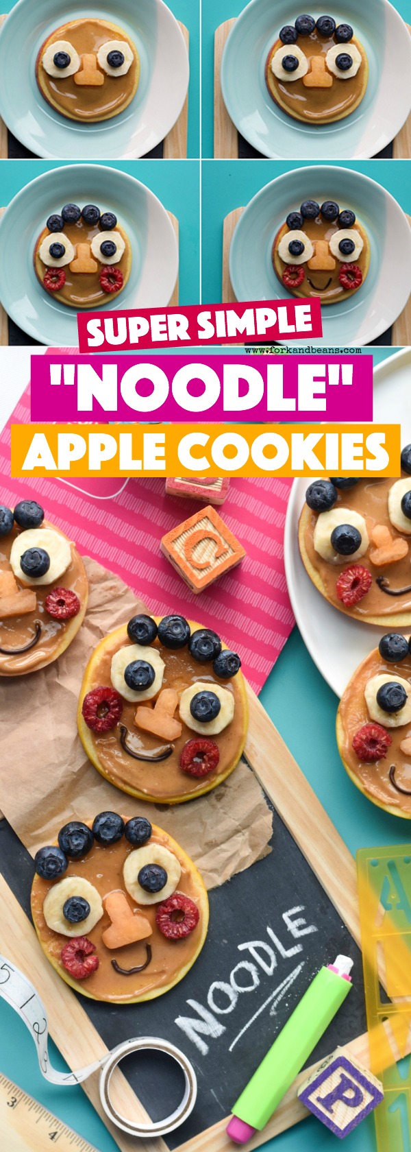 A plate of sliced apples slathered with peanut butter and fruit to look like Noodle from Super Simple. 