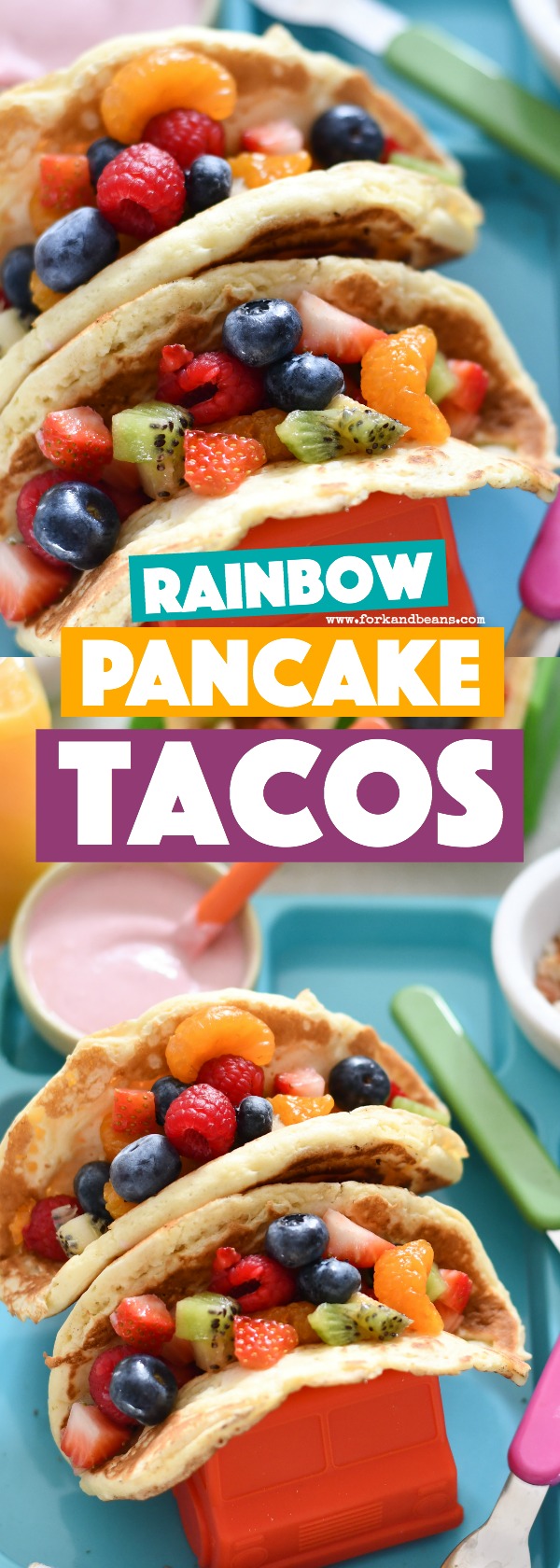 An upclose shot of 2 rainbow pancake tacos