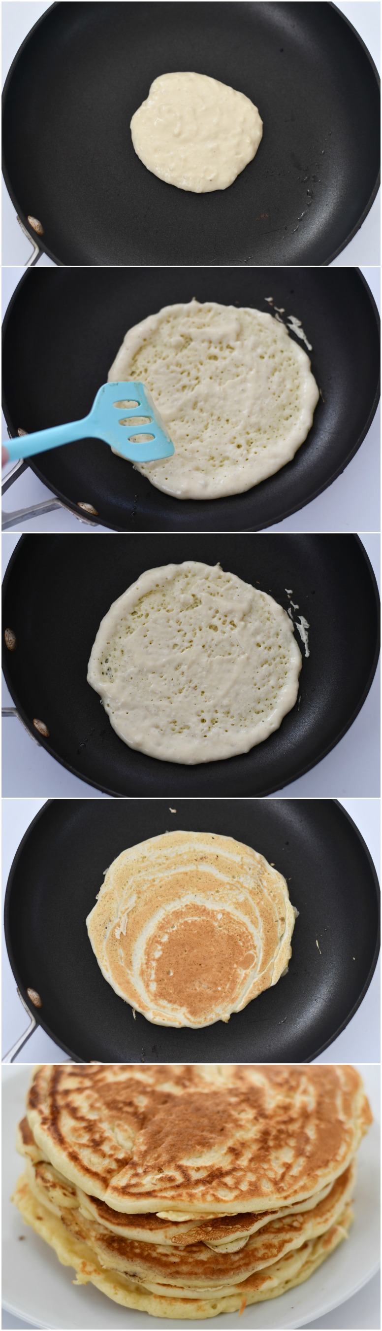 A photo tutorial of how to make pancake "tortillas" for Rainbow Pancake Tacos.