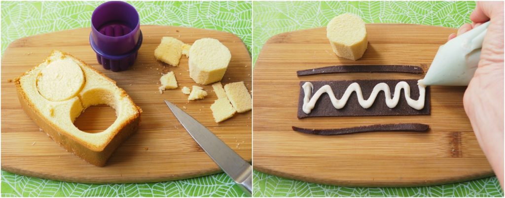 A cutting board with pound cake and a cutter to show how to make Cake Sushi.