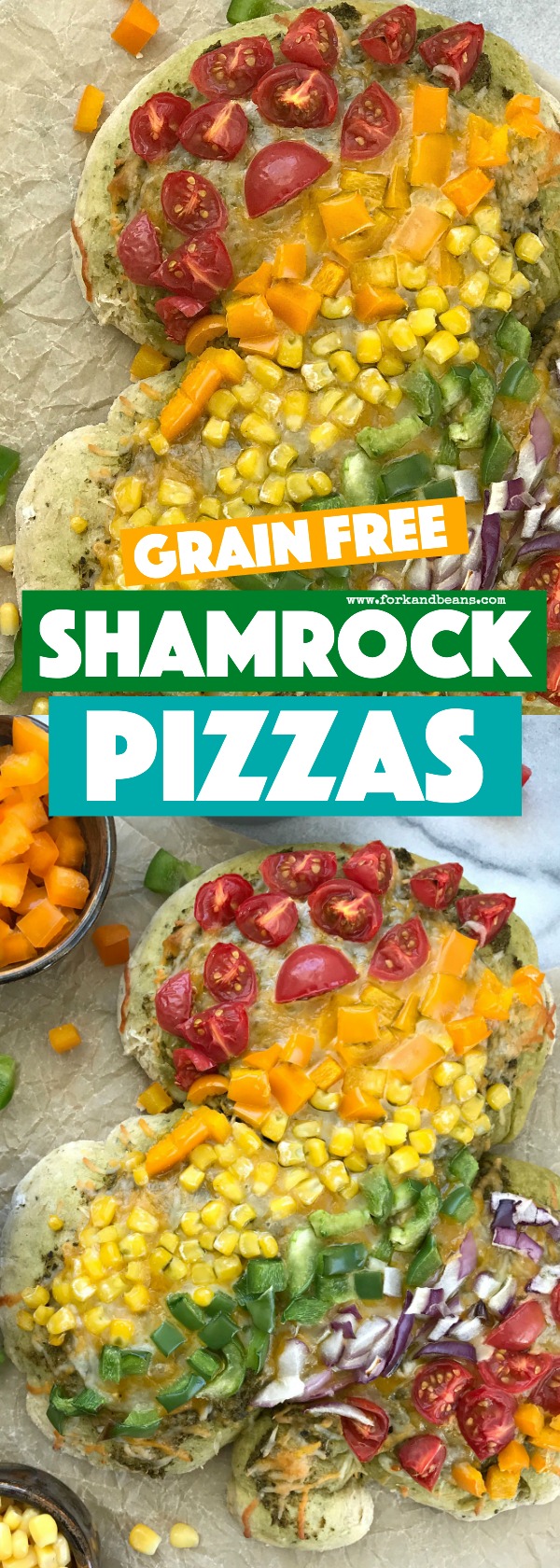 A marble slab with a shamrock pizza, topped with rainbow colored veggies