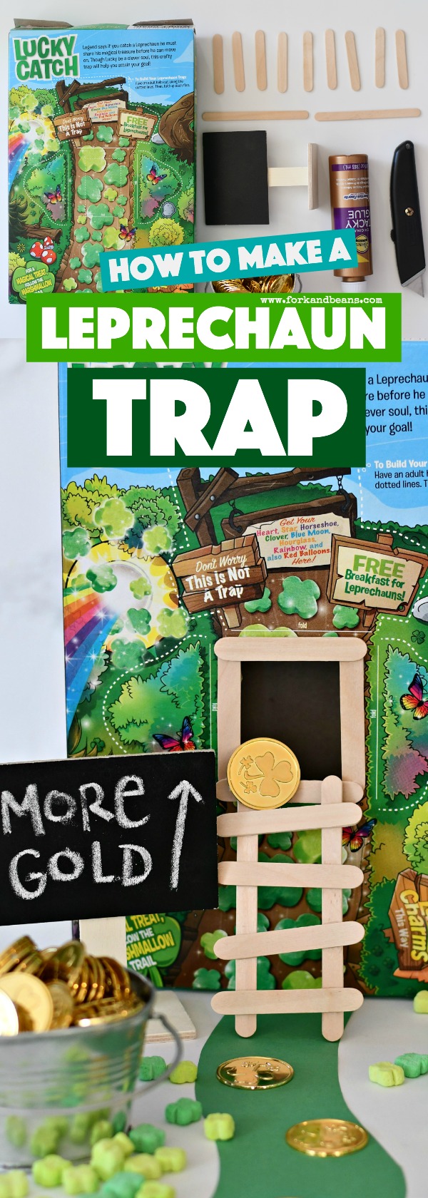 A DIY leprechaun trap made from a cereal box with a popsicle stick ladder