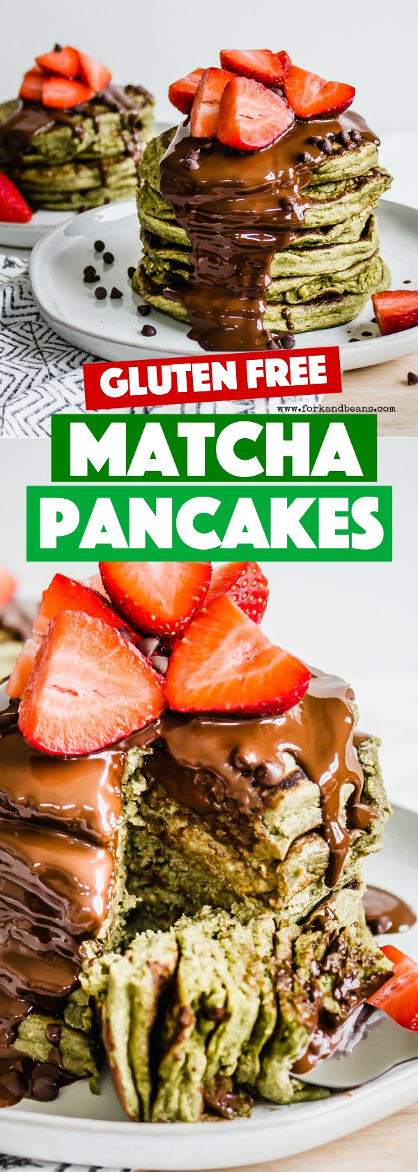 A stack of green matcha pancakes on a white place with strawberries on top