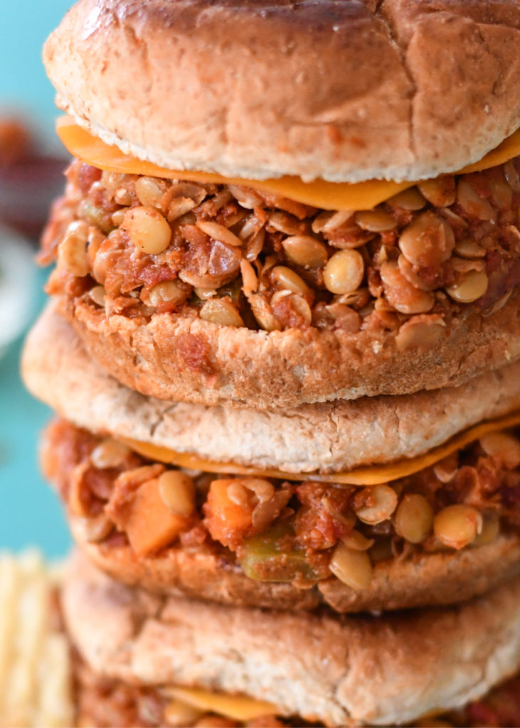 A stack of 3 Lentil Sloppy Joes, piled on top of each other. 