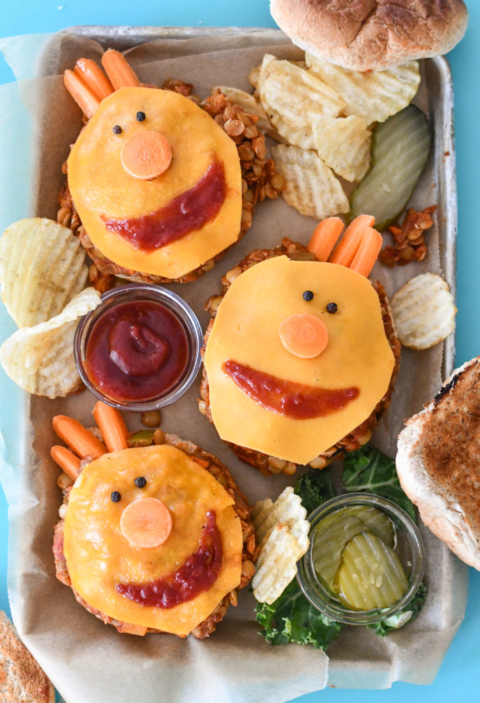 A tray of 3 Lentil Sloppy Joes in the shape of Tobee from Super Simple Songs. 