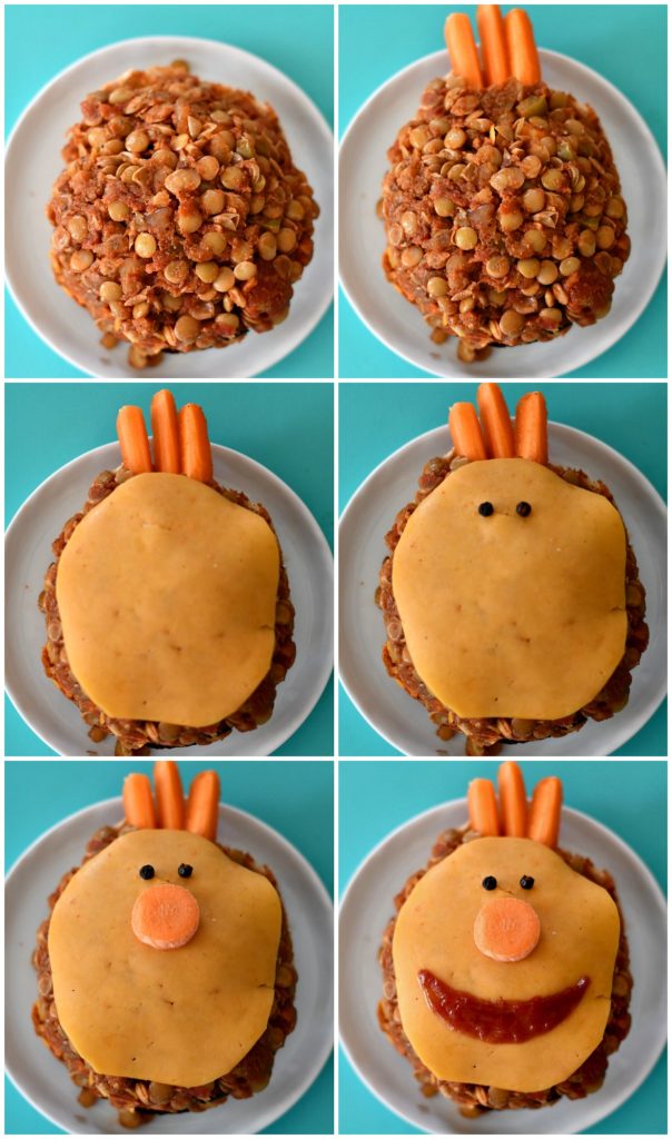 A photo tutorial of how to build Lentil Sloppy Joes in the shape of Tobee from Super Simple Songs. 