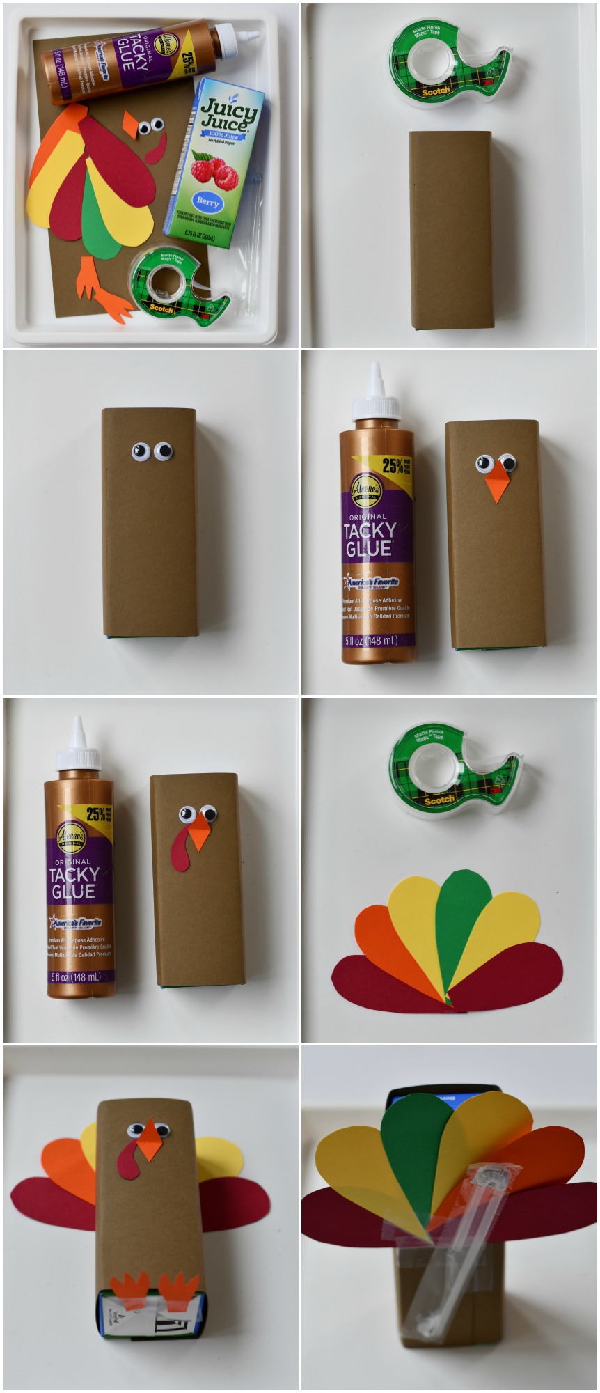 a photo tutorial on how to make Thanksgiving Juice Boxes that look like turkeys