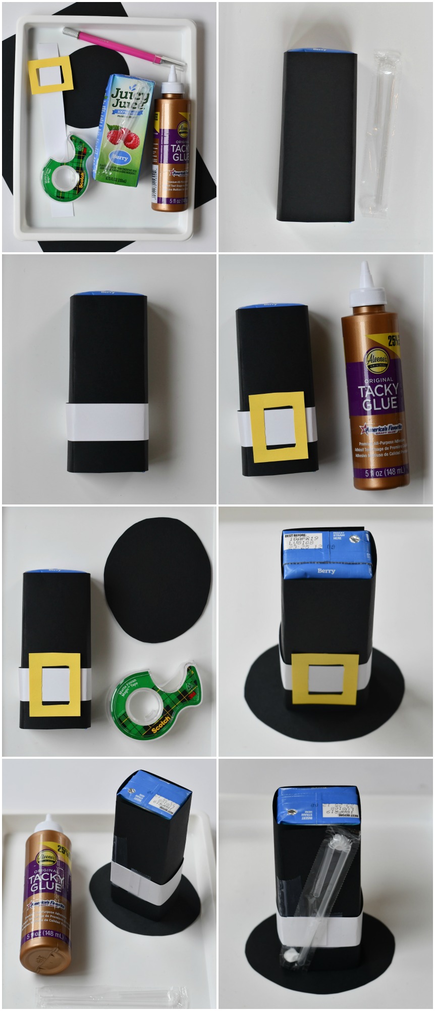 A photo tutorial on how to make pilgrim hat Thanksgiving Juice Boxes for kids lunchbox.