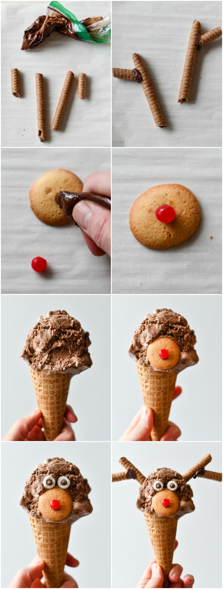 a how to photo tutorial on how to make Rudolph Ice Cream Cones