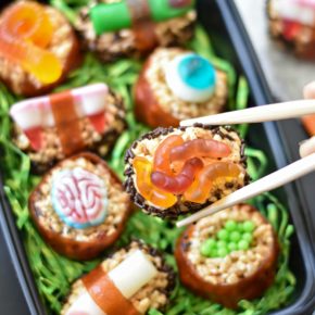 Gross out your family and friend with these creepy Halloween Candy Sushi--the sweet and disgusting version of your favorite takeout!