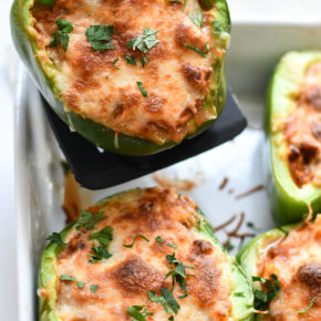 Lasagna Peppers in a dish and spatula