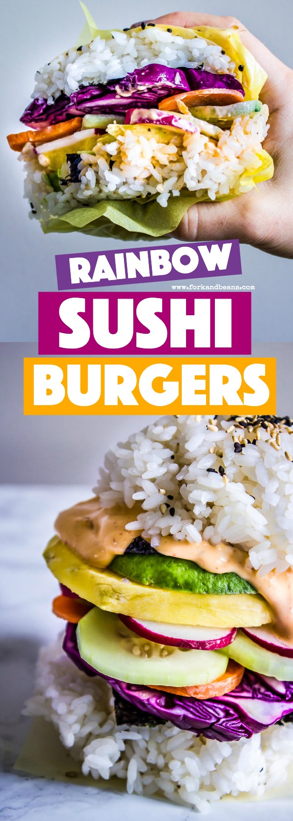 Get your kids involved with piling on the veggies on these Rainbow Sushi Burgers for a perfect meatless meal that all can participate in making & will love! #veganrecipes #kidfood #sushi #dinner