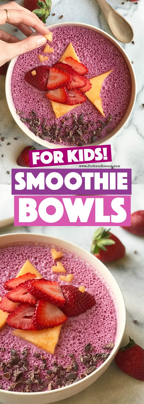 A marble background with a blueberry smoothie bowl and a strawberry fish on top.